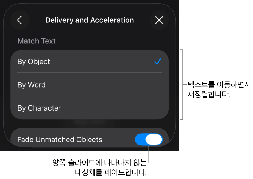 가속 패널에 있는 이동 마법사 전달 및 가속 옵션.