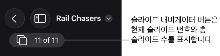 현재 슬라이드 번호 및 프레젠테이션의 총 슬라이드 개수를 표시하는 슬라이드 내비게이터 버튼.