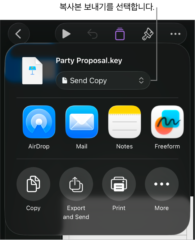 상단에 복사본 보내기가 선택되어 있는 공유 메뉴.