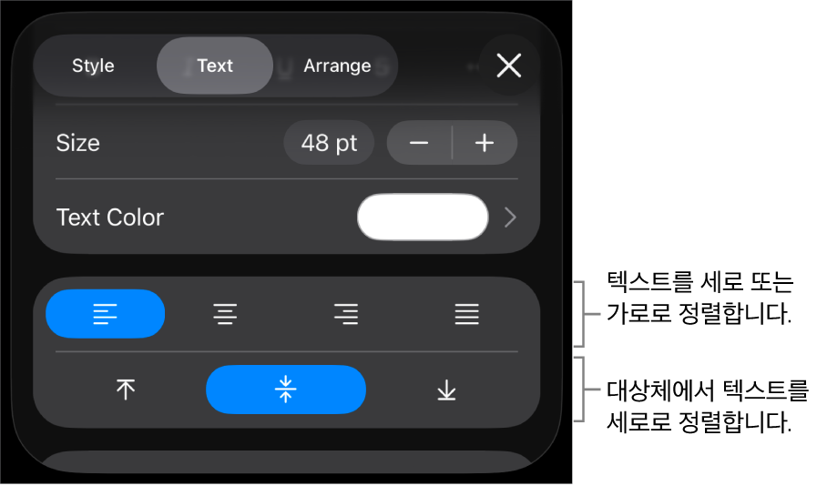 텍스트 정렬 버튼에 설명이 있는 포맷 버튼의 정렬 섹션.