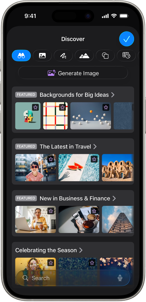콘텐츠 허브의 발견하기 카테고리에 이미지를 생성하거나 슬라이드에 프리미엄 이미지를 추가할 수 있는 옵션이 표시됨.
