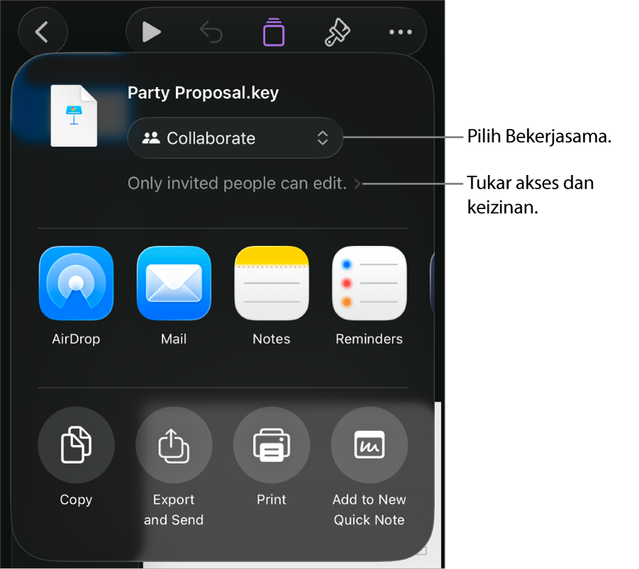 Menu Kongsi dengan Bekerjasama dipilih di bahagian atas dan seting akses serta keizinan di bahagian bawah.
