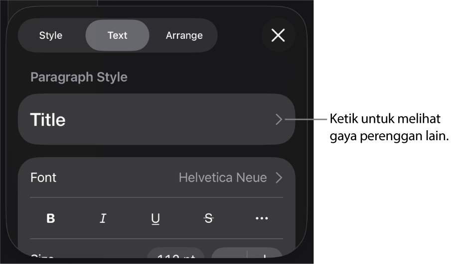 Menu Format menunjukkan kawalan teks untuk mengesetkan perenggan dan gaya, fon, saiz dan warna aksara.