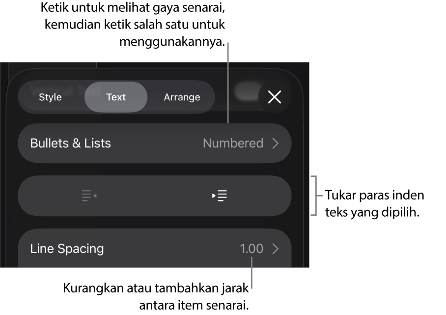 Bahagian Bulet & Senarai daripada kawalan Format dengan petak bual ke Bulet & Senarai, butang outden dan inden serta kawalan jarak baris.