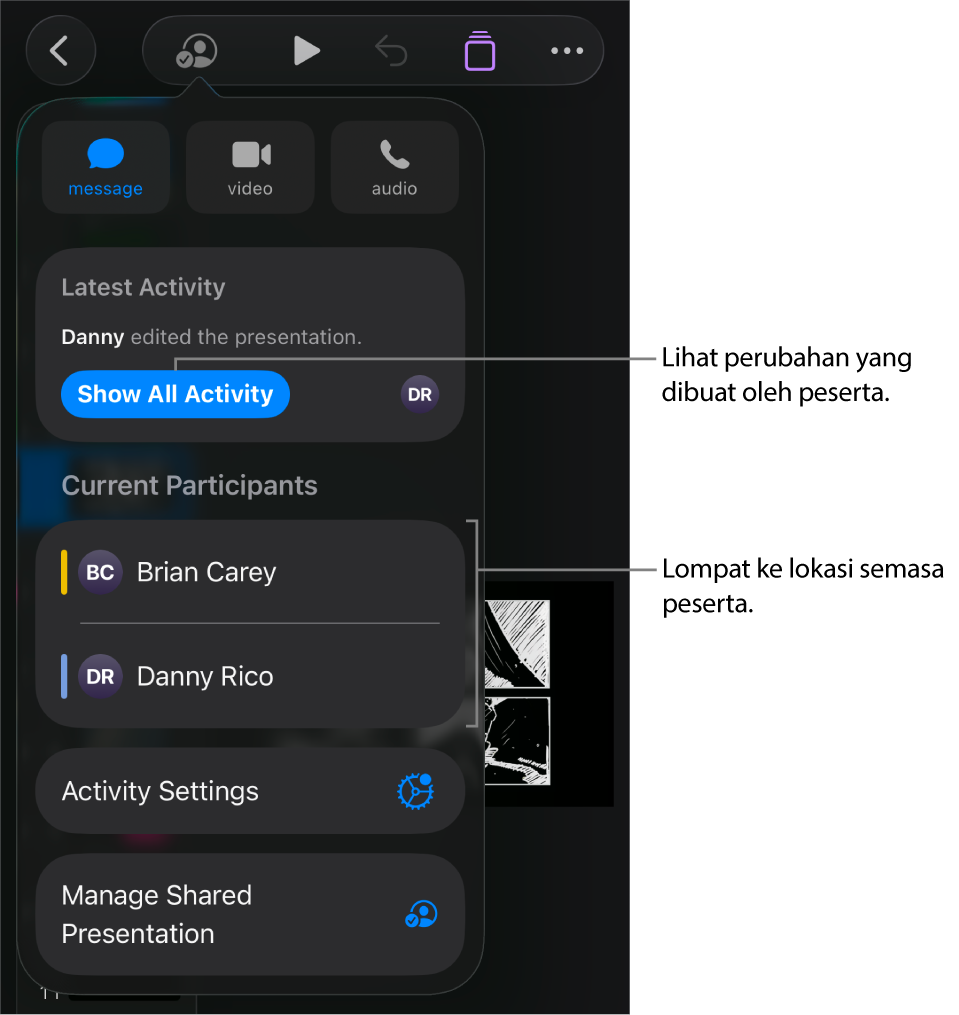 Menu kerjasama dengan peserta semasa disenaraikan.