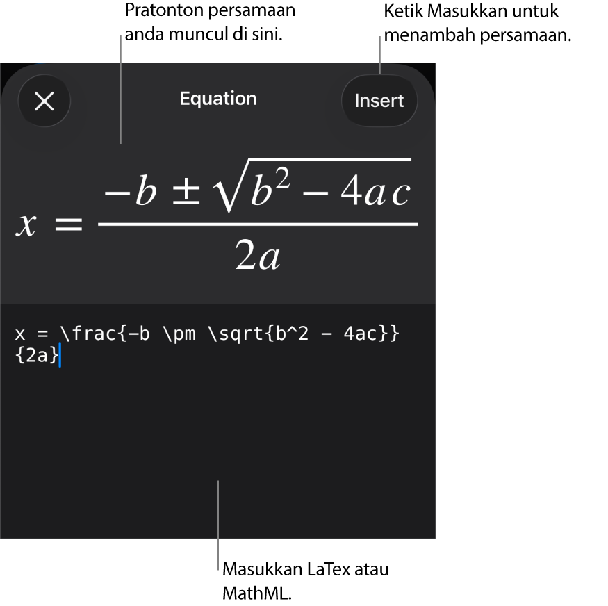 Dialog Persamaan, menunjukkan persamaan yang ditulis menggunakan perintah MathML manakala pratonton formulanya di atas.