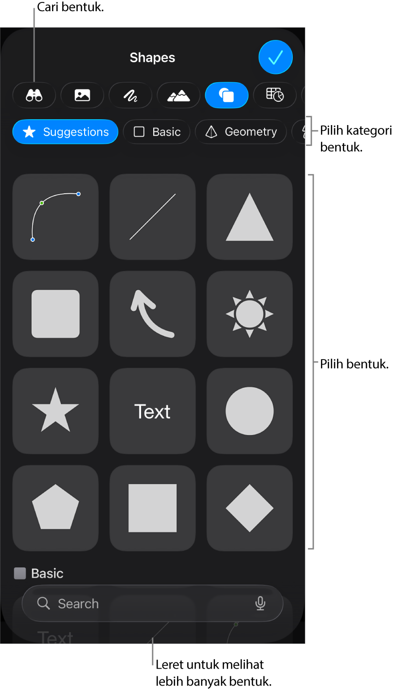 Pustaka bentuk, dengan kategori di bahagian atas dan bentuk dipaparkan di bawah. Anda boleh menggunakan medan carian di bahagian atas untuk mencari bentuk dan leret untuk melihat lebih banyak.