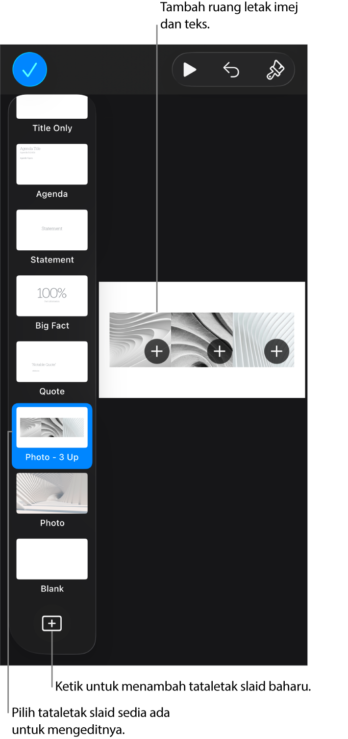 Tataletak slaid ditunjukkan pada kanvas slaid, dengan butang Tambah Tataletak Slaid di bahagian bawah penavigasi slaid.