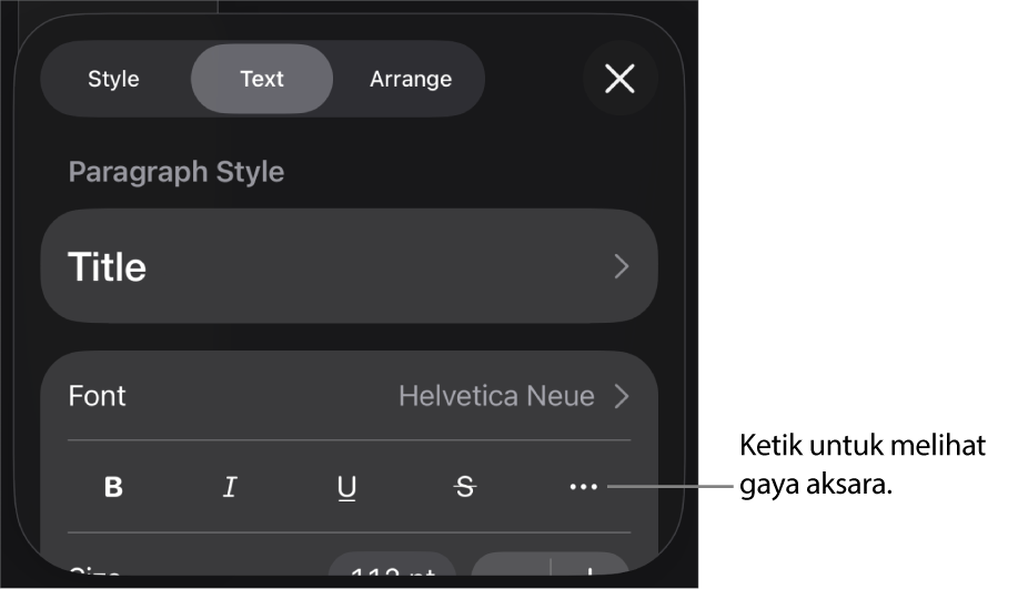 Kawalan Format dengan gaya perenggan di bahagian atas, kemudian kawalan Fon. Di bawah fon ialah butang Tebal, Italik, Garis Bawah, Garis Potong dan Lebih Banyak Pilihan Teks.
