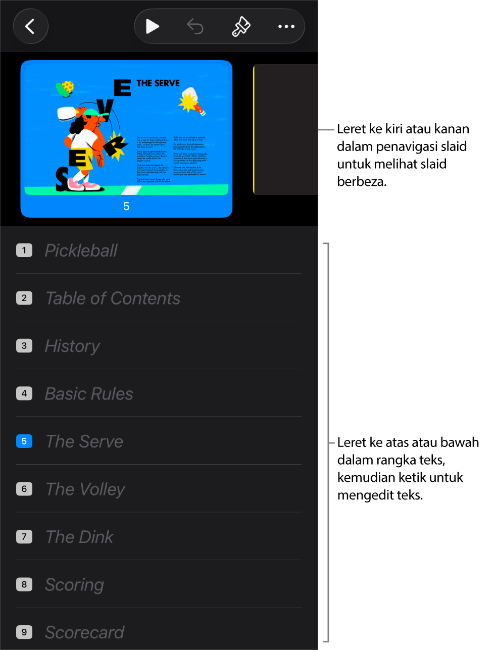 Paparan rangka dengan penavigasi slaid mendatar di bahagian atas skrin dan rangka teks pembentangan di bahagian bawah.