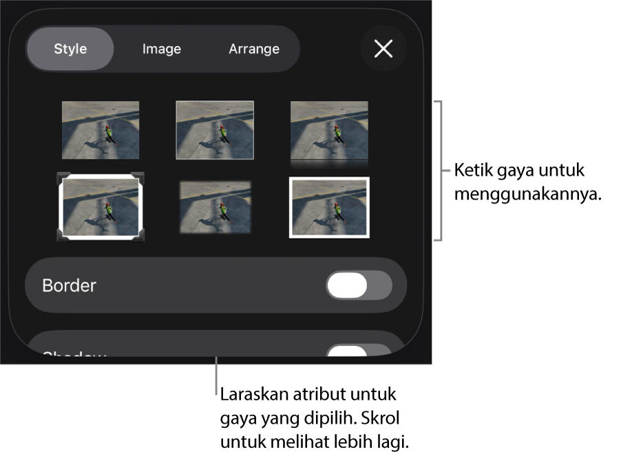 Anak tetingkap Gaya pada butang Format dengan gaya objek di bahagian atas dan kawalan di bawahnya untuk menukar jidar.