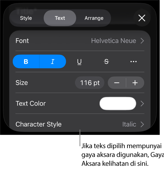 Kawalan pemformatan Teks dengan Gaya Aksara di bawah kawalan Warna. Gaya aksara Tiada kelihatan dengan asterisk.