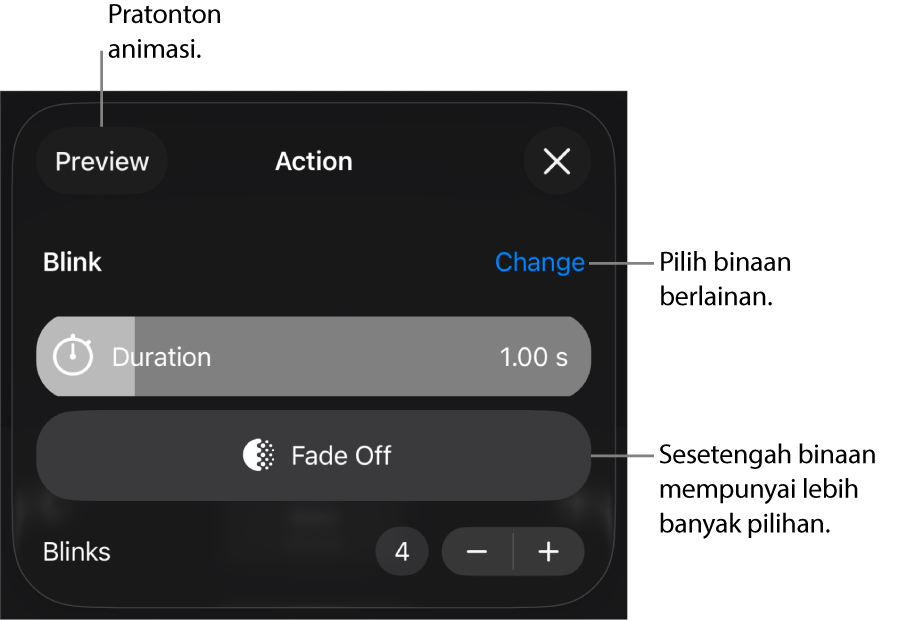 Pilihan binaan menyertakan Tempoh dan Masa mula. Ketik Tukar untuk memilih binaan yang berbeza, atau ketik Pratonton untuk pratonton binaan.