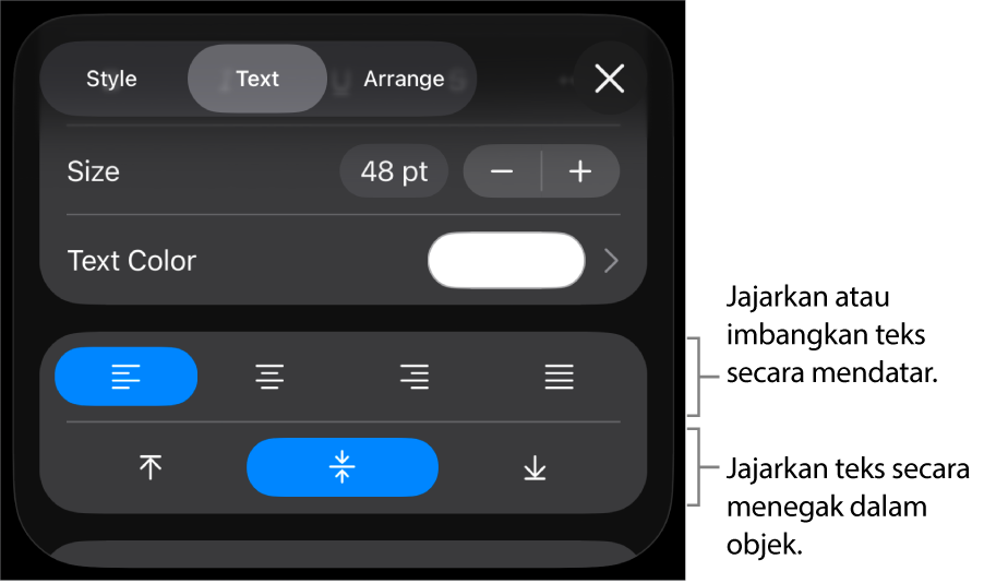 Bahagian Penjajaran pada butang Format dengan petak bual ke butang penjajaran teks.