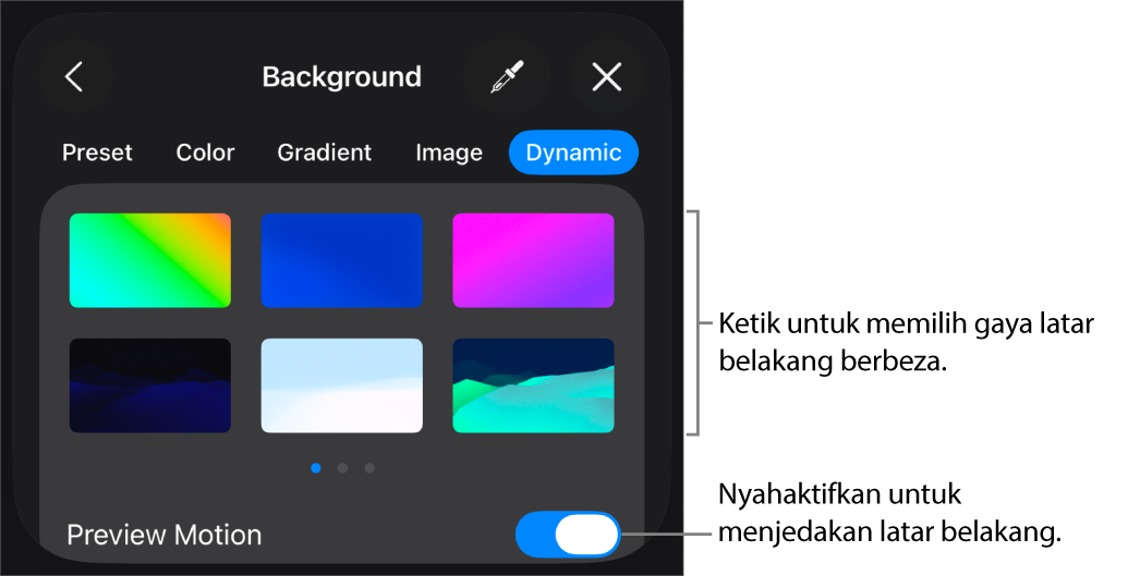 Kawalan latar belakang dinamik dengan imej kecil gaya latar belakang dan butang Pratonton Pergerakan dipaparkan.
