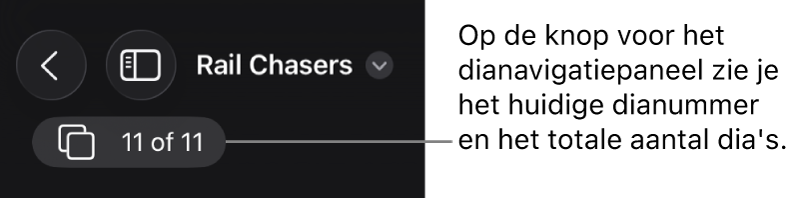 De knop voor het dianavigatiepaneel met daarop het huidige dianummer en het totale aantal dia's in de presentatie.