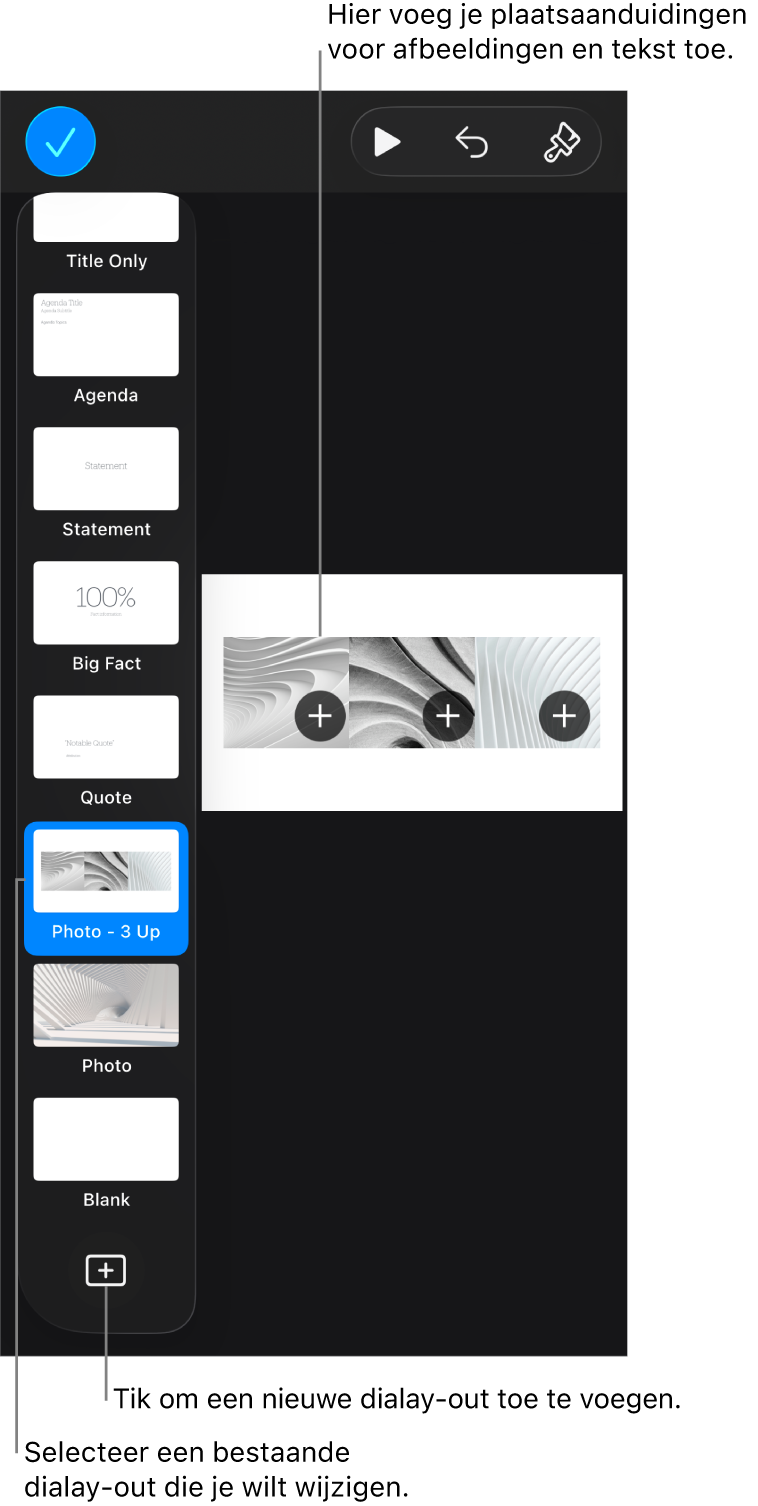 Een dialay-out in het werkgebied, met onder in het dianavigatiepaneel de knop voor een nieuwe dialay-out.