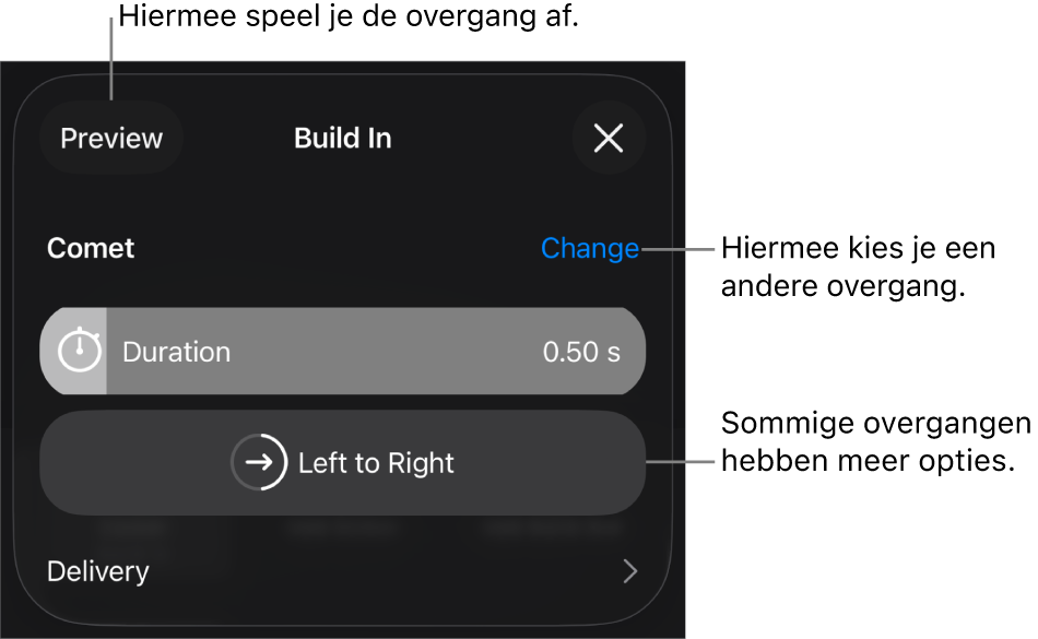 Regelaars in het paneel 'Opties' voor het aanpassen van een overgang.