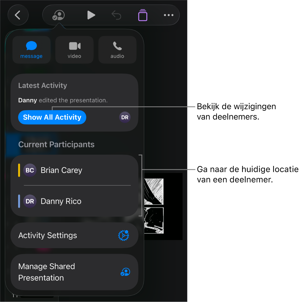 Het samenwerkingsmenu met daarin de namen van huidige deelnemers.