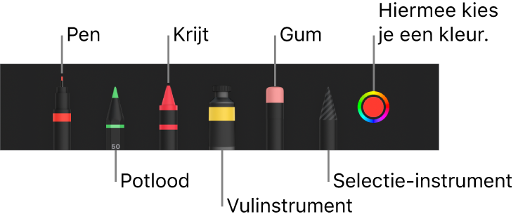 De knoppenbalk voor tekenen met een pen, potlood, krijt, vulinstrument, gum en selectie-instrument en een kleurenvak met de huidige kleur.