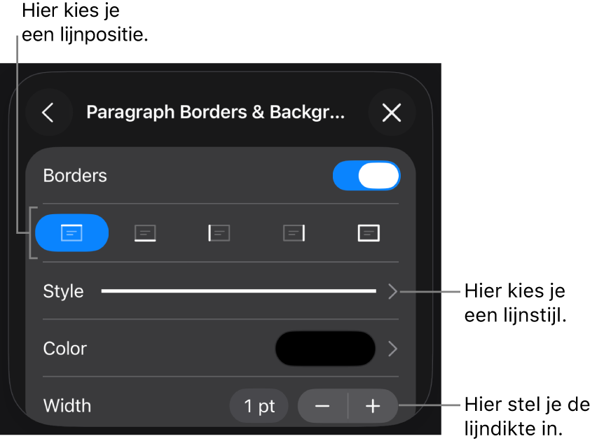 Regelaars voor het wijzigen van de stijl, dikte, positie en kleur van de lijn.