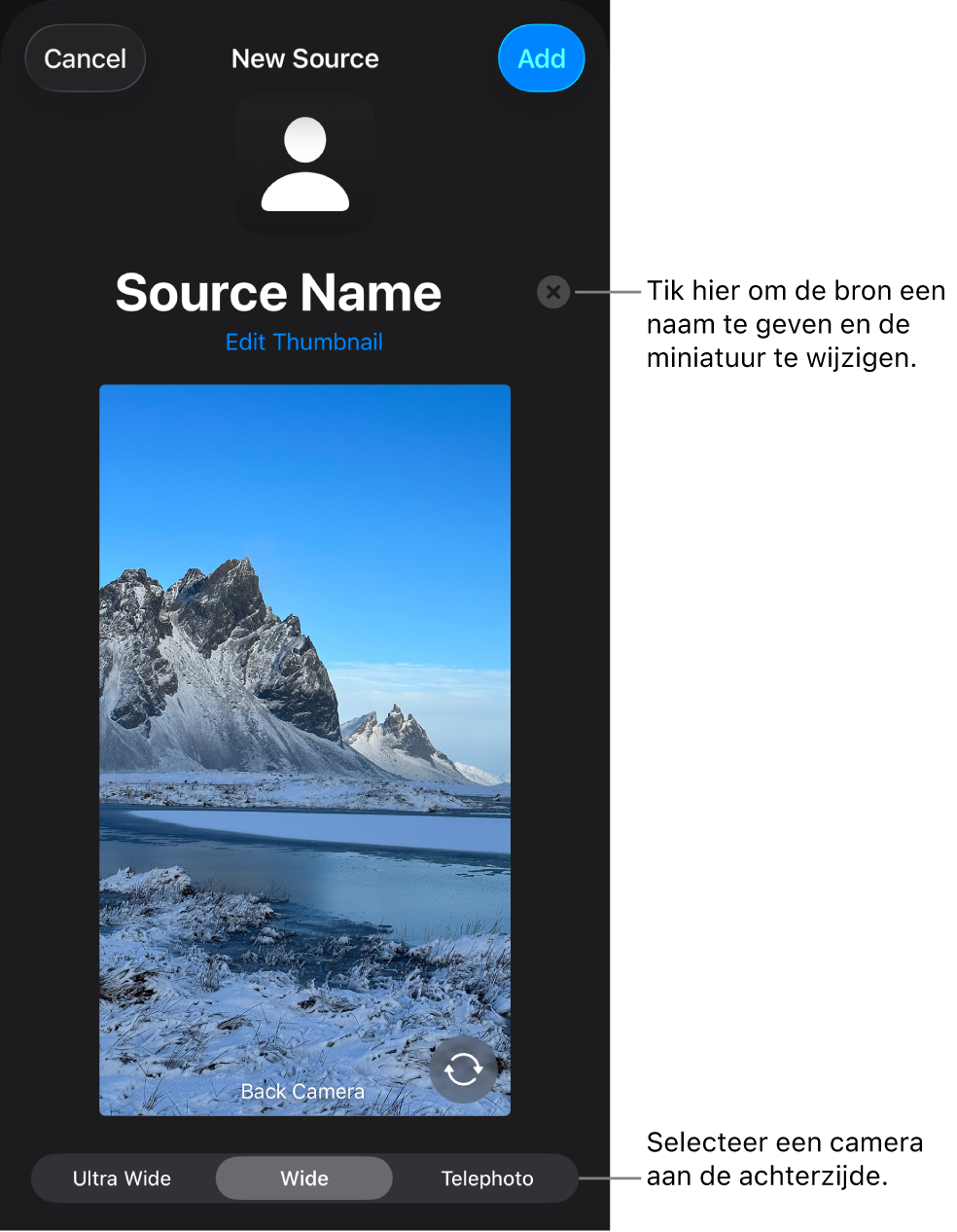 Het venster 'Nieuwe bron' met regelaars om de naam en miniatuur van de bron te wijzigen boven een livevoorvertoning van de camera. Als de iPhone meerdere camera's aan de achterkant heeft, verschijnen er onder in het scherm knoppen om de gewenste camera te selecteren.