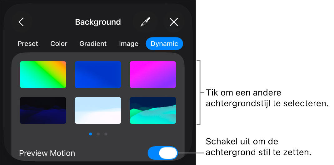 De regelaars voor een dynamische achtergrond met miniaturen voor achtergrondstijlen en de knop 'Voorvertoning beweging'.