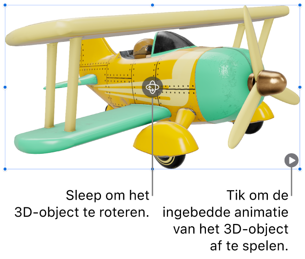 Een 3D-object met de roteerknop in het midden van het object en de afspeelknop in de rechterbenedenhoek.