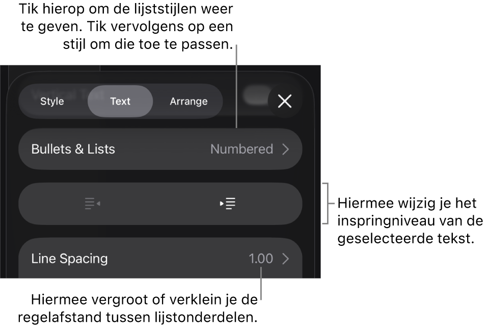 Het gedeelte 'Ops.tek./lijsten' van de opmaakregelaars met uitleg bij 'Ops.tek./lijsten', de inspringknoppen en de regelaars voor de regelafstand.