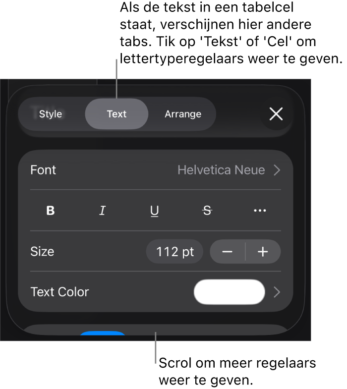 Tekstregelaars in het opmaakmenu voor het instellen van alinea- en tekenstijl, lettertype, lettergrootte en kleur.