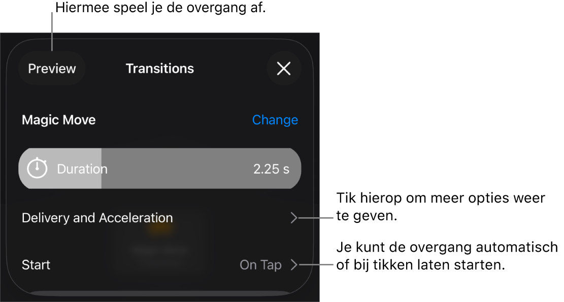 Regelaars voor 'Magisch verplaatsen' in het paneel 'Overgangen'.