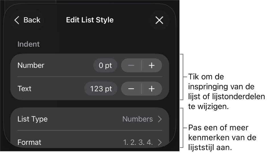 Het menu 'Bewerk lijststijl' met regelaars voor het wijzigen van het lijsttype en de vormgeving van de lijst.