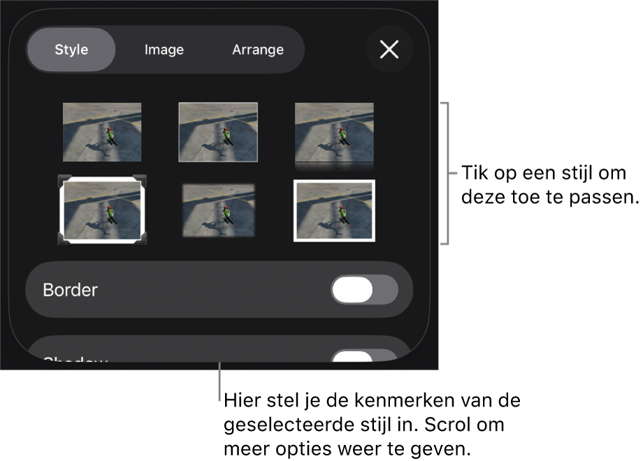 Het tabblad 'Stijl' in het opmaakmenu met bovenaan objectstijlen en eronder een regelaar voor het wijzigen van de rand.