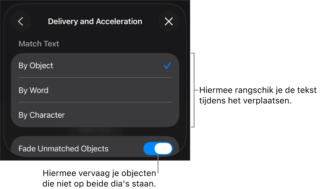 Opties voor de uitvoering en versnelling van 'Magisch verplaatsen' in het paneel 'Versnelling'.