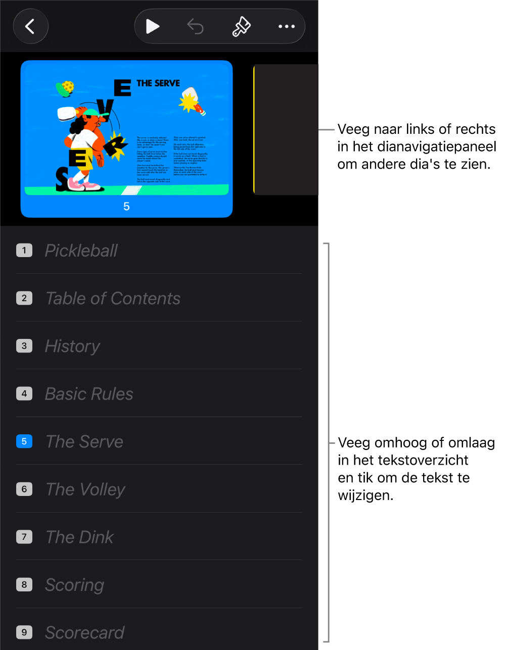 De overzichtsweergave met het horizontale dianavigatiepaneel boven in het scherm en het tekstoverzicht van een presentatie onderaan.
