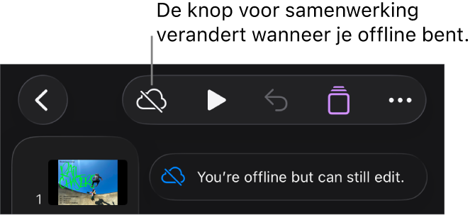 De knoppen boven in het scherm, met de knop voor samenwerking die is veranderd in een wolk met een schuine streep. De volgende melding staat op het scherm: 'Je bent offline, maar je kunt nog wel wijzigingen aanbrengen.'