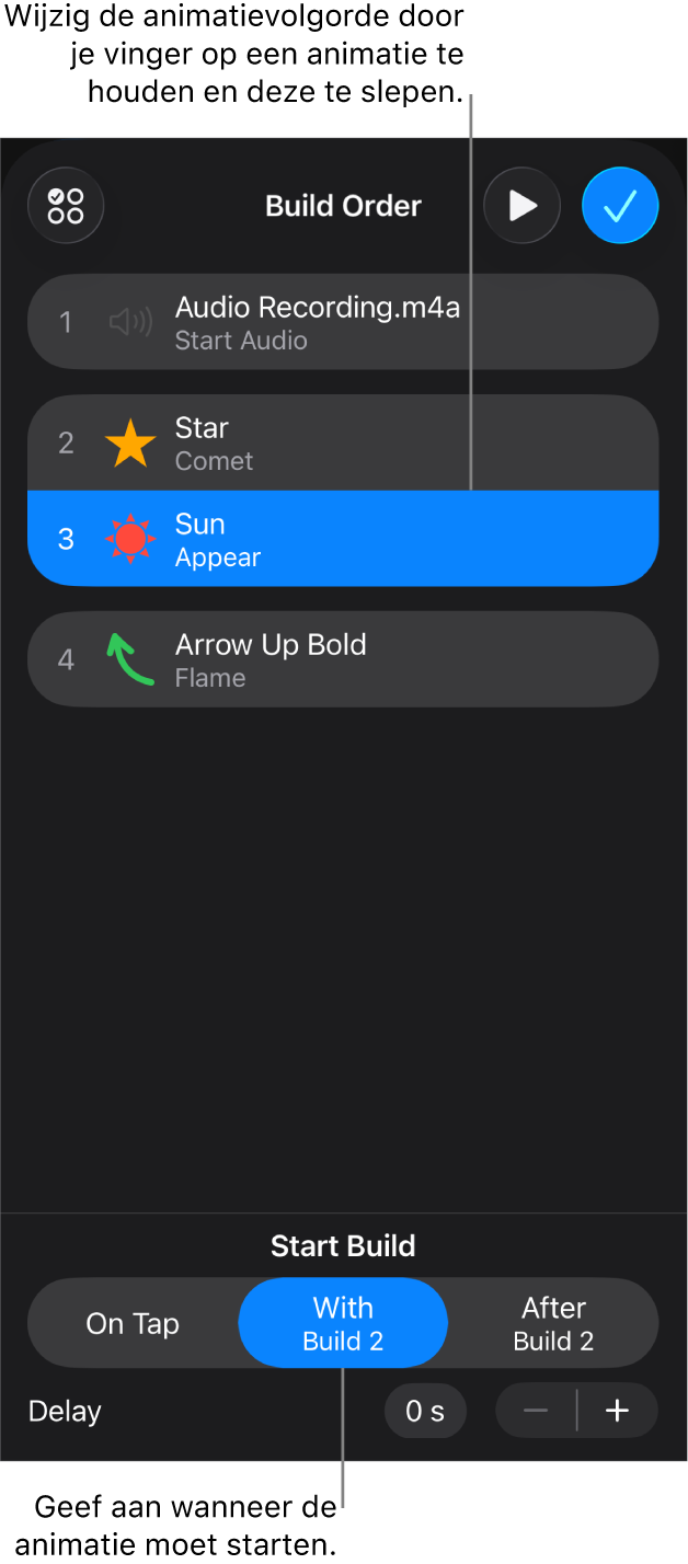 De lijst 'Animatievolgorde' met begineffecten met gele symbolen en eindeffecten met grijze symbolen.