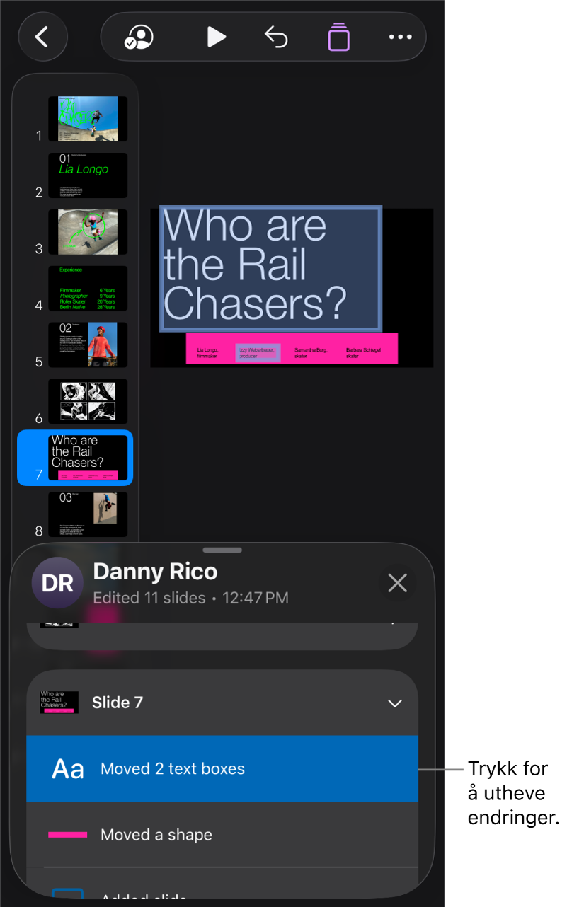 En samarbeidspresentasjon med samarbeidsmenyen og aktivitetslisten åpen.