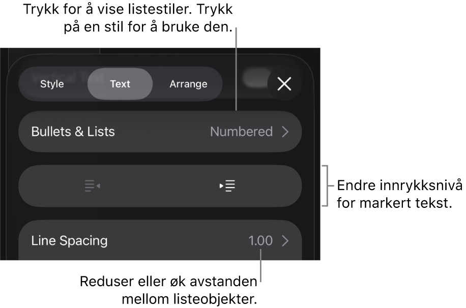 Punkttegn og lister-delen i Format-kontroller med bildeforklaringer for Punkttegn og lister, utrykk- og innrykk-knapper og linjeavstandskontroller.
