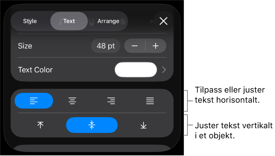 Justering-delen for Format-knappen, med bildeforklaringer for tekstjusteringsknappene.