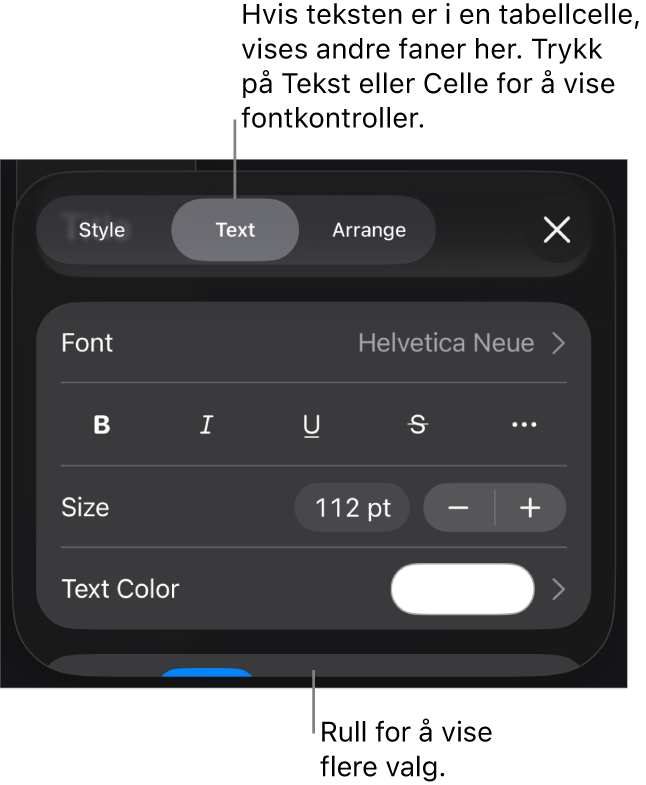 Tekstkontroller i Format-menyen for å angi avsnitts- og tegnstiler, font, størrelse og farge.