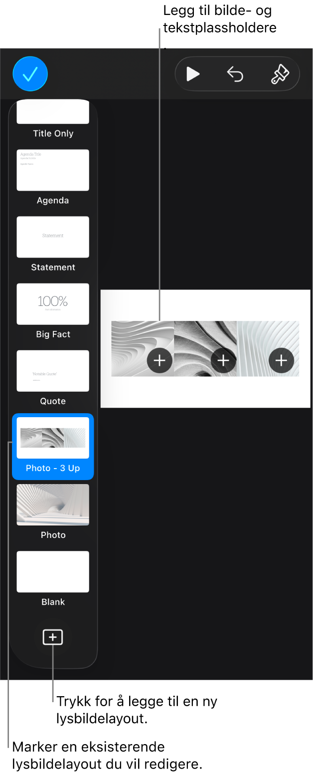 En lysbildelayout vises på lysbildelerretet, med Legg til lysbildelayout-knappen nederst i lysbildenavigereren.