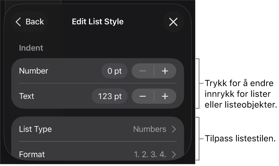 Rediger Listestil-menyen med kontroller for å redigere listetype og listeutseende.