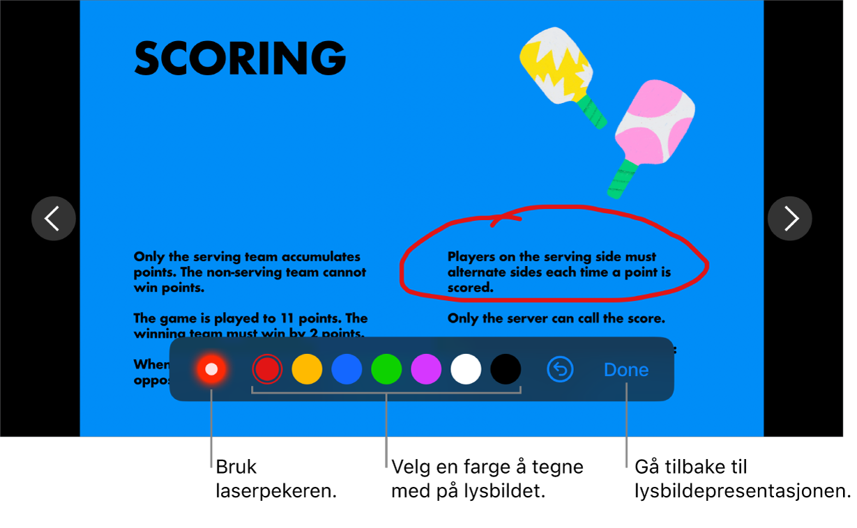 Et lysbilde i lysbildetegningmodus som viser laserpekeren og fargevalgskontroller.