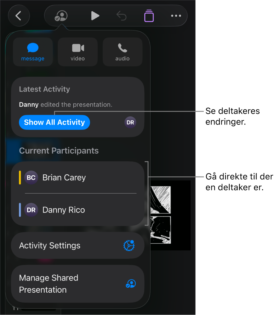 Samarbeidsmenyen, som viser gjeldende deltakere.