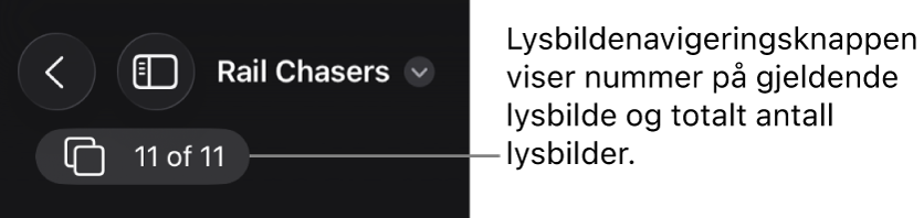 Lysbildenavigering-knappen, som viser gjeldende lysbildenummer og totalt antall lysbilder i presentasjonen.