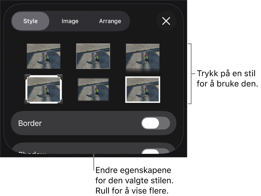 Stil-fanen i Format-menyen med objektstiler øverst og en kontroll under for å endre kantlinjen.