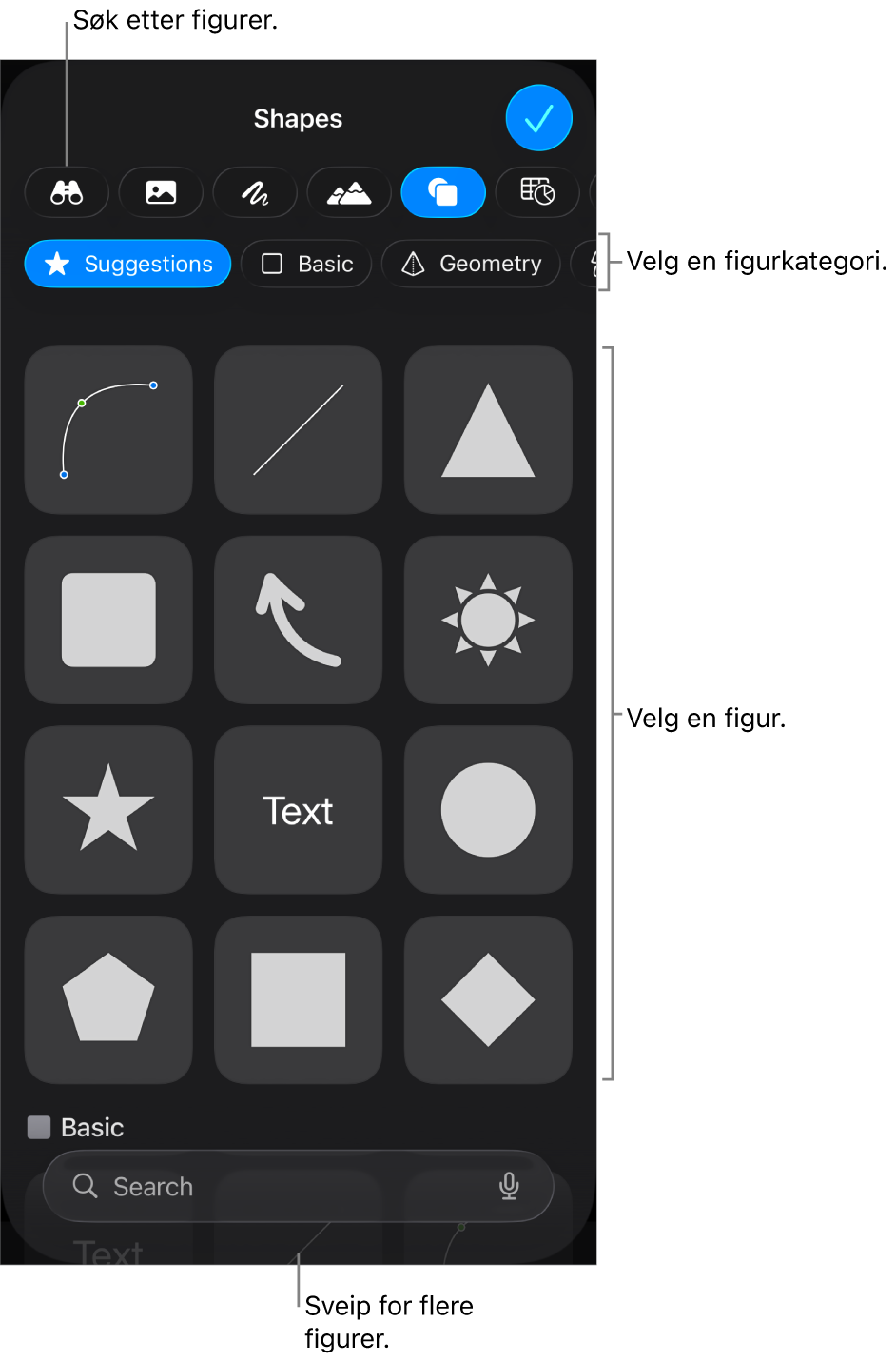 Figurbiblioteket, som viser kategorier øverst og figurer under. Du kan bruke søkefeltet øverst til å finne figurer, og du kan sveipe for å se mer.