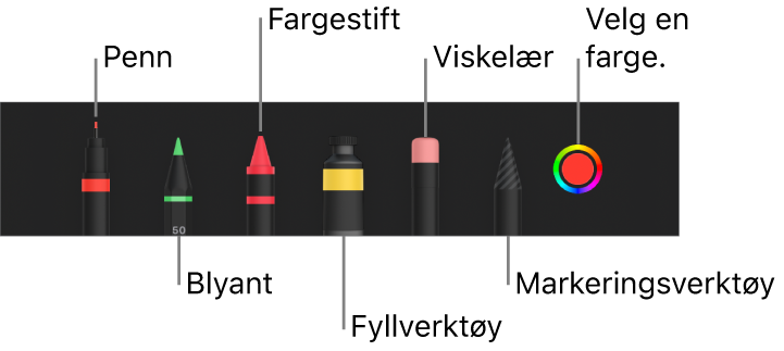 Tegneverktøylinjen med en penn, blyant, fargestift, fyllverktøy, viskelær, markeringsverktøy og fargefelt som viser den gjeldende fargen.