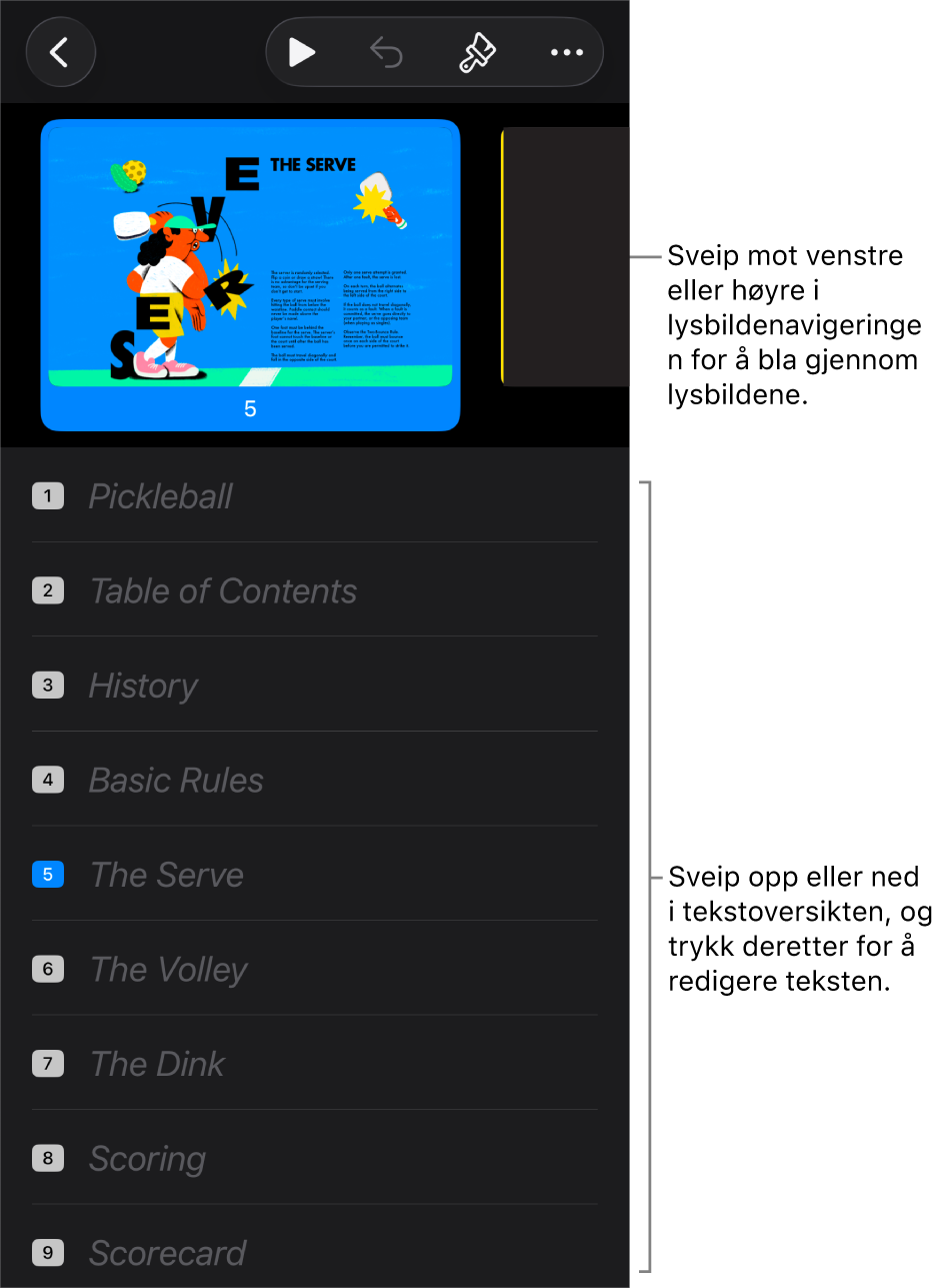 Disposisjonsvisning med den horisontale lysbildenavigeringen øverst på skjermen og tekstdisposisjonen nederst.